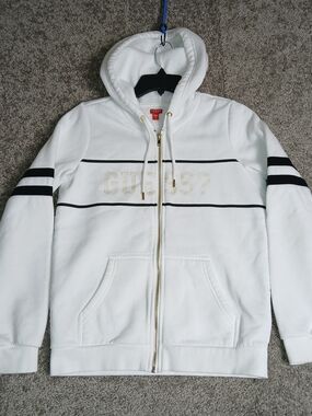 GUESS Men's White Zip-Up Hoodie with Black Stripe Accents - Small